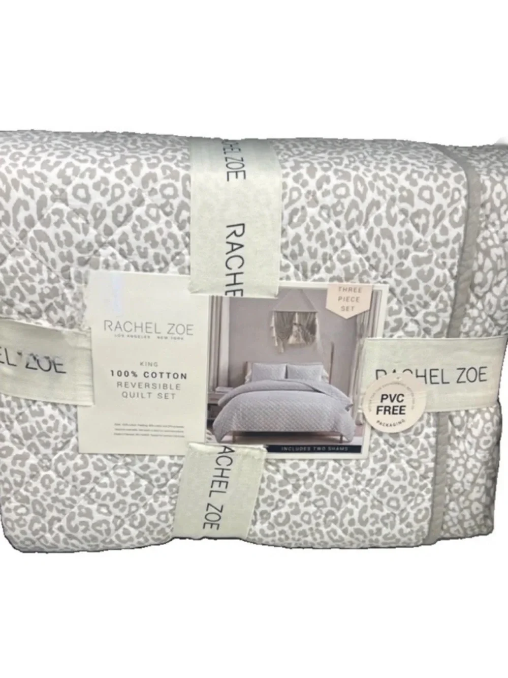 Rachel Zoe King Gray & White Animal Print Cotton Reversible Quilt Set 106”x92”